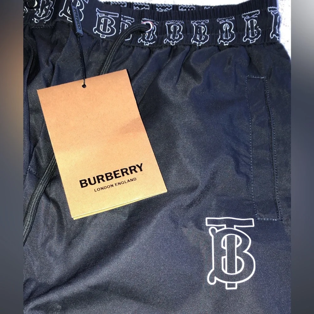 Burberry Black Athletic Shorts with White TB Logo and Gold Crest